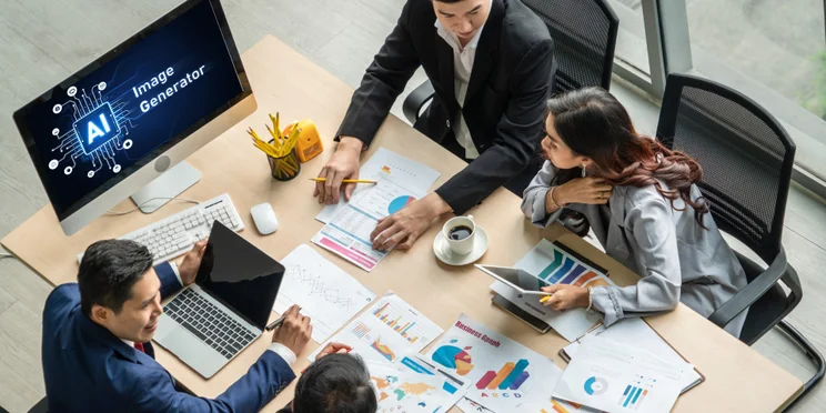 Workers sat around a table discussing AI