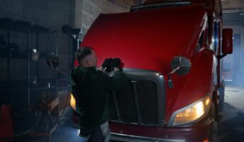 Mechanic opens a truck hood
