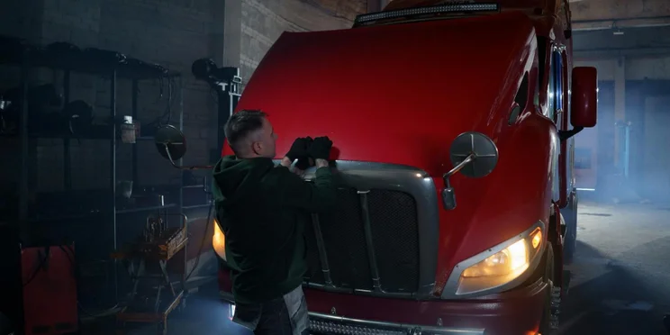 Mechanic opens a truck hood