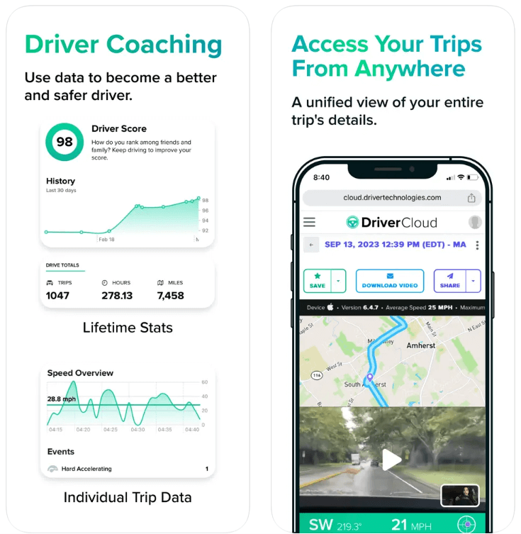 Driver dash cam app tracks lifetime stats