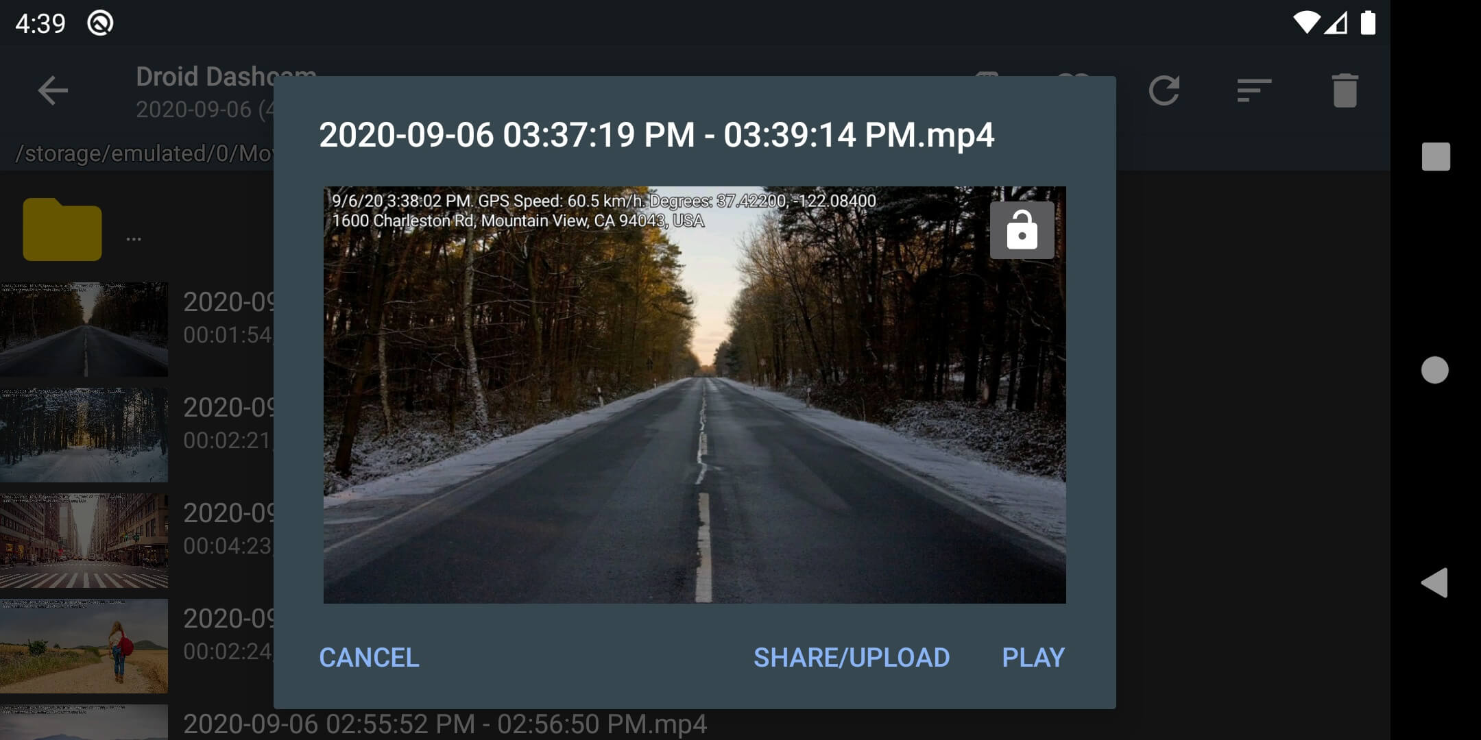 Droid dash cam file