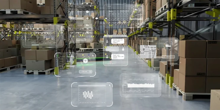 Warehouse with diagrams of automation over the top