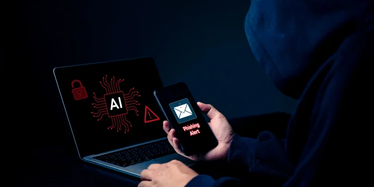 Man in black hoodie on computer using AI and phone for scam