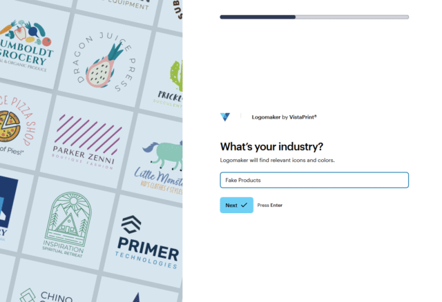 VistaPrint asks what industry you're in when creating a logo. Source: Tech.co testing