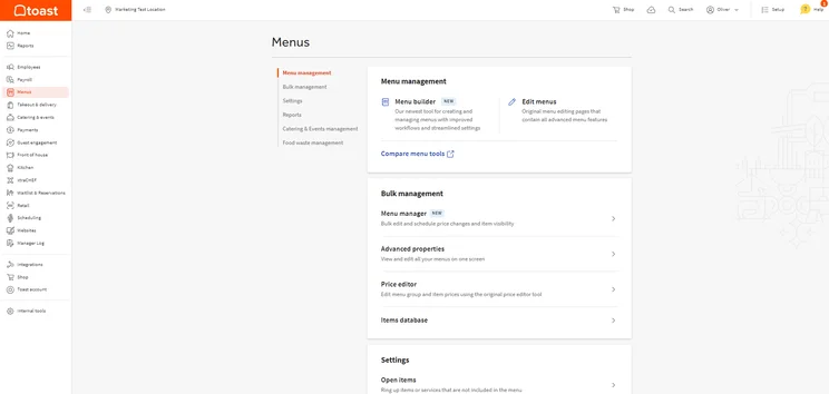 Toast menu management screen showing menu builder and editing tools.
