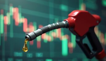 A petrol pump in front of a stock market monitor.