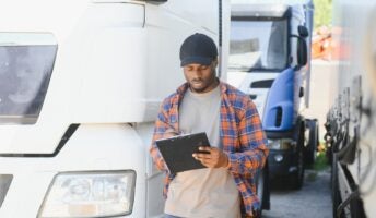 Man looking at clipboard assessing trucks