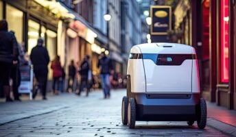 self-driving robot making delivery in town