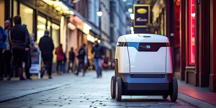 self-driving robot making delivery in town