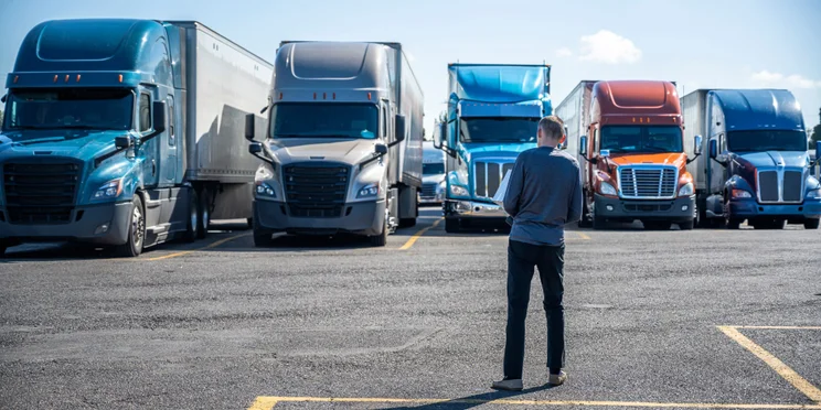 Man with back to camera looking at trucks on road