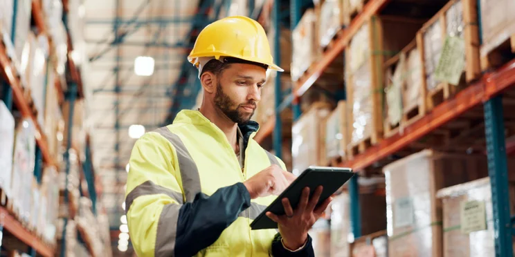 Man in factory wearing hard hat looking up details on tablet