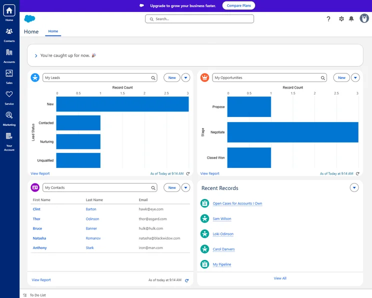 Salesforce Free Plan Home Dashboard