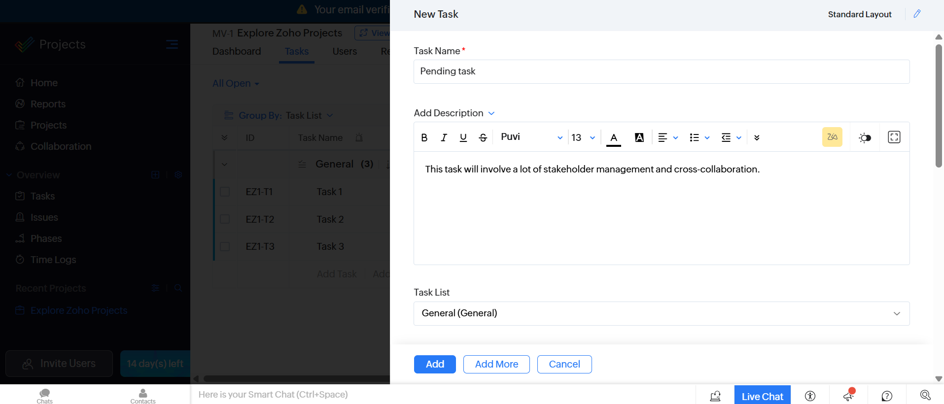 Screenshot of adding a task with Zoho Projects. Source: Tech.co testing