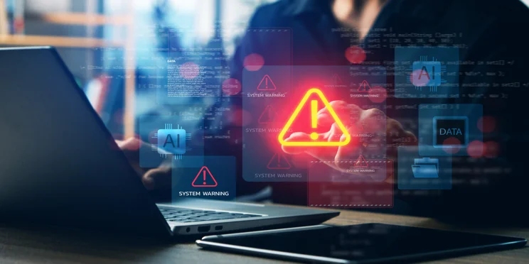 Person working at laptop with data breach on screen