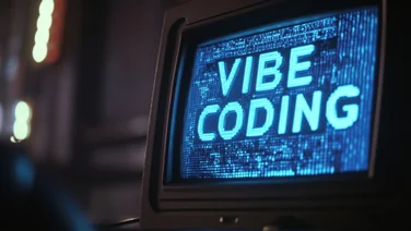 A graphic showing the words "vibe coding" on a desktop computer screen.