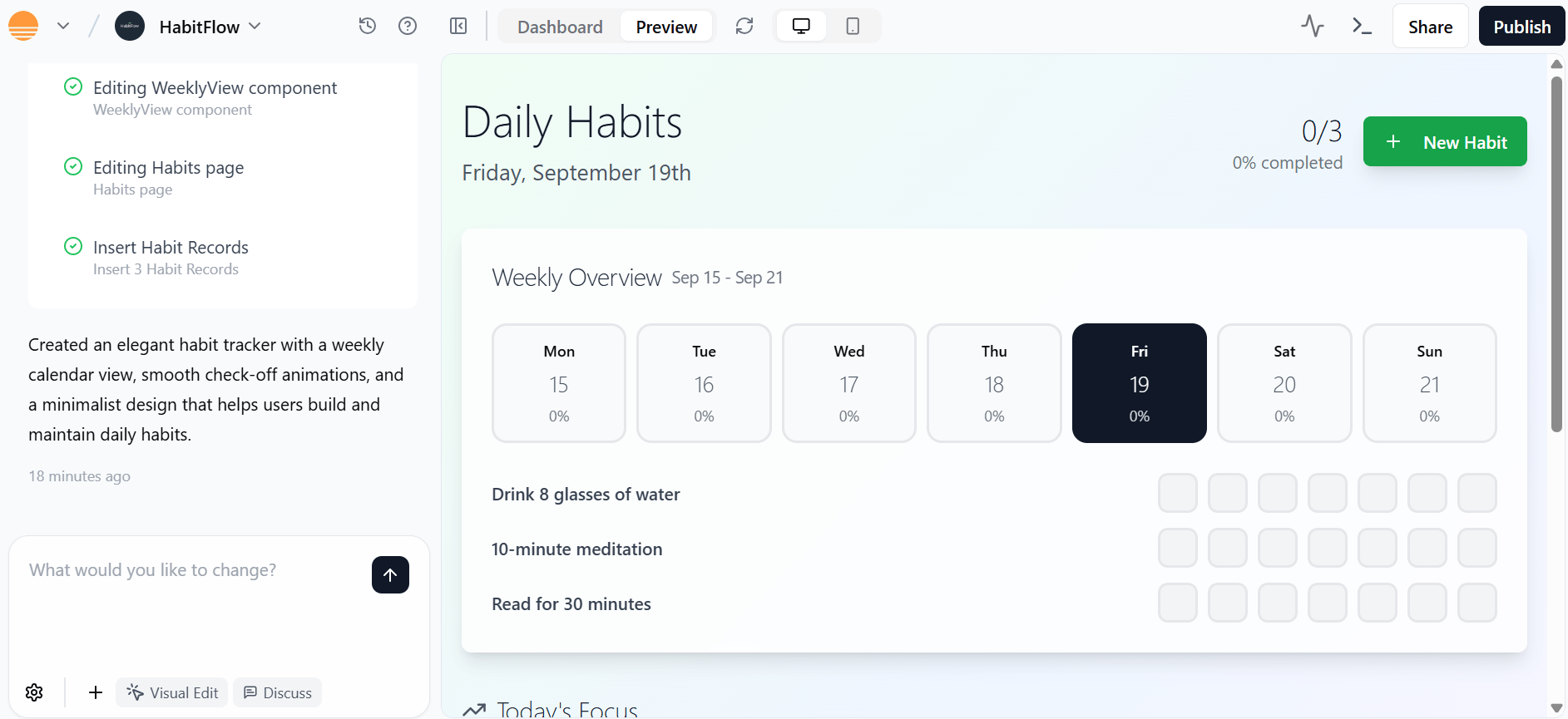 Base44 let me create a Daily Habits app in a couple of minutes, by entering a natural language prompt