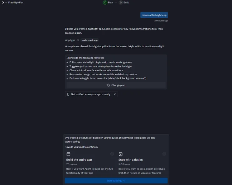 Replit responding to a prompt to build a flashlight app. Source: Tech.co Testing
