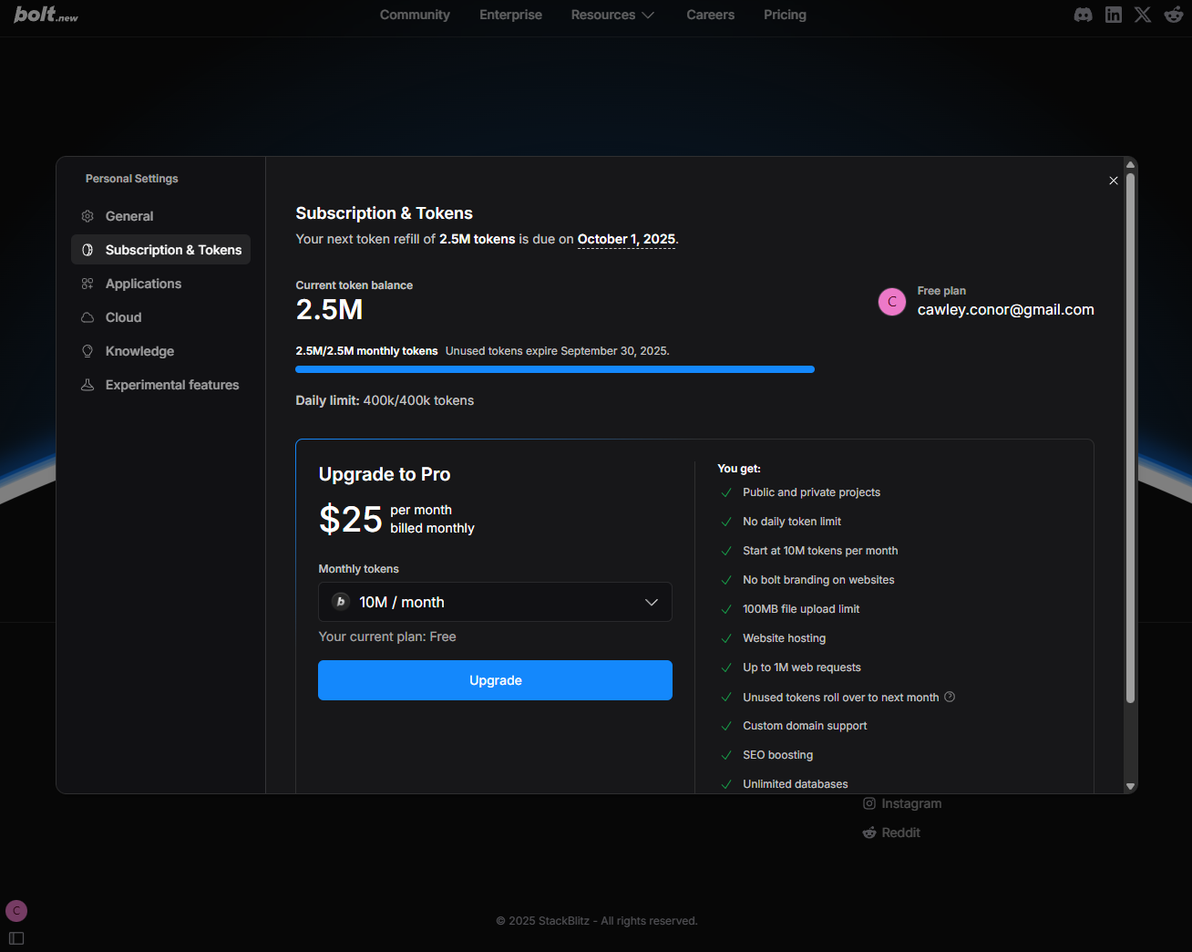 Bolt.new Account Info