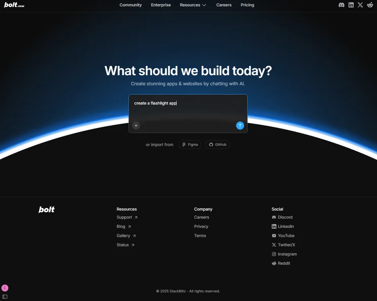 Navigating to Bolt.new's homepage. Source: Tech.co Testing