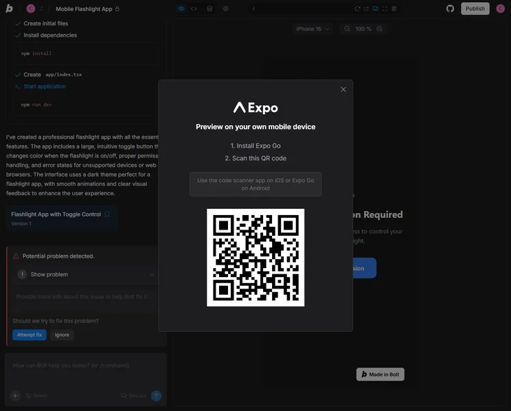 Producing a QR code to view a Bolt.new app on an mobile device. Source: Tech.co Testing