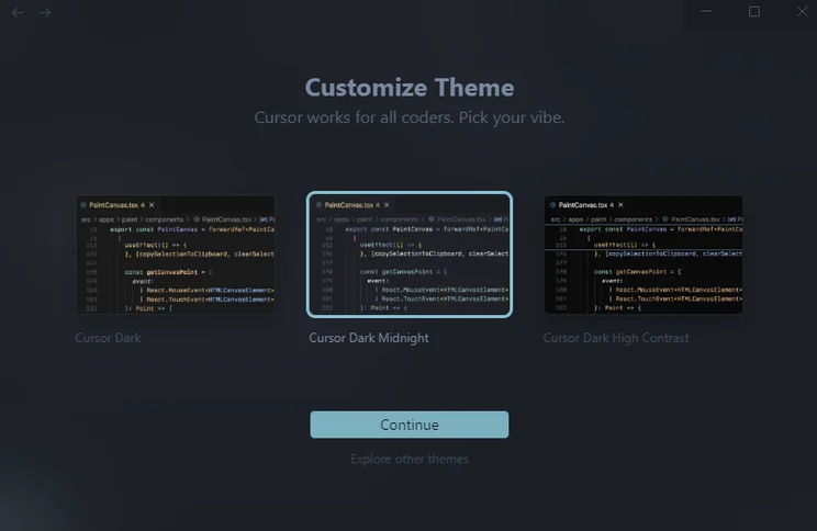 Choosing one of three themes on Cursor. Source: Tech.co Testing