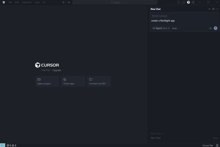Cursor's main page set to the default dark mode. Source: Tech.co Testing