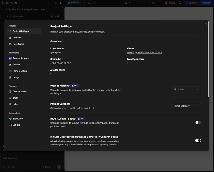 Perusing the settings options inside the Lovable platform. Source: Tech.co Testing