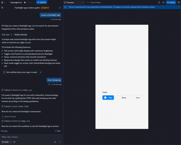 Replit providing a list of features it's going to include in a flashlight app. Source: Tech.co Testing