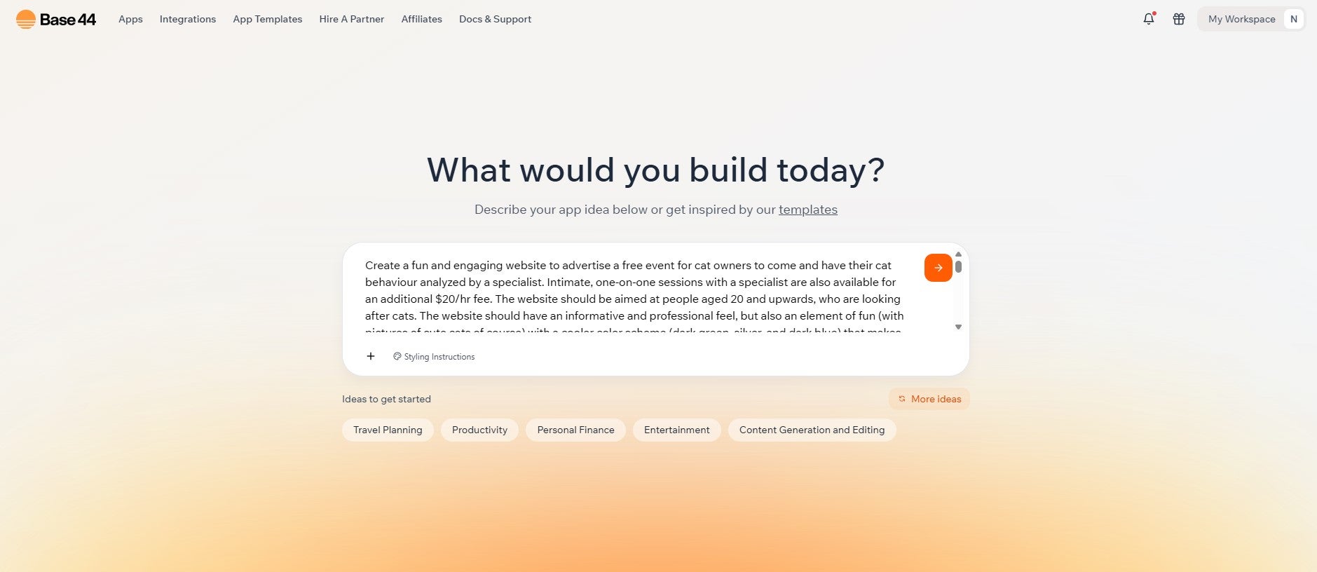 Base44 screenshot, including my prompt