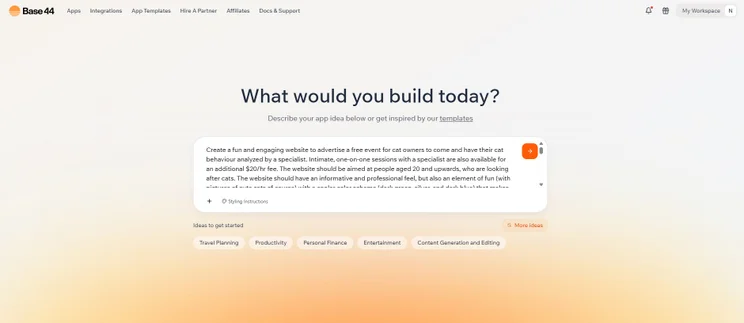 Base44 interface showing a natural language prompt for a new event website. Source: Tech.co Testing