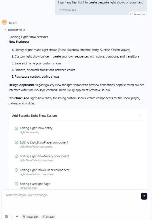 Base44 generating it's own app-building instructions for our test app. Source: Tech.co testing