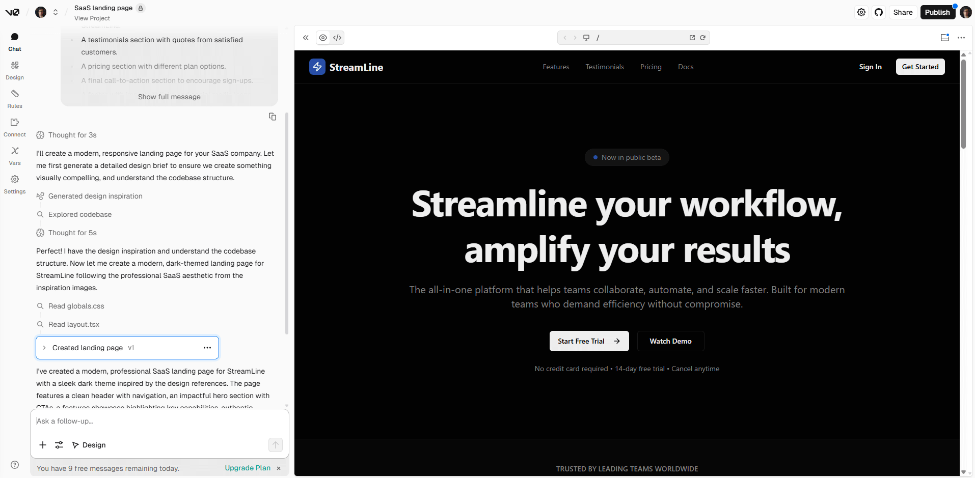 v0 allowed me to create an entire new website landing page on its free plan.
