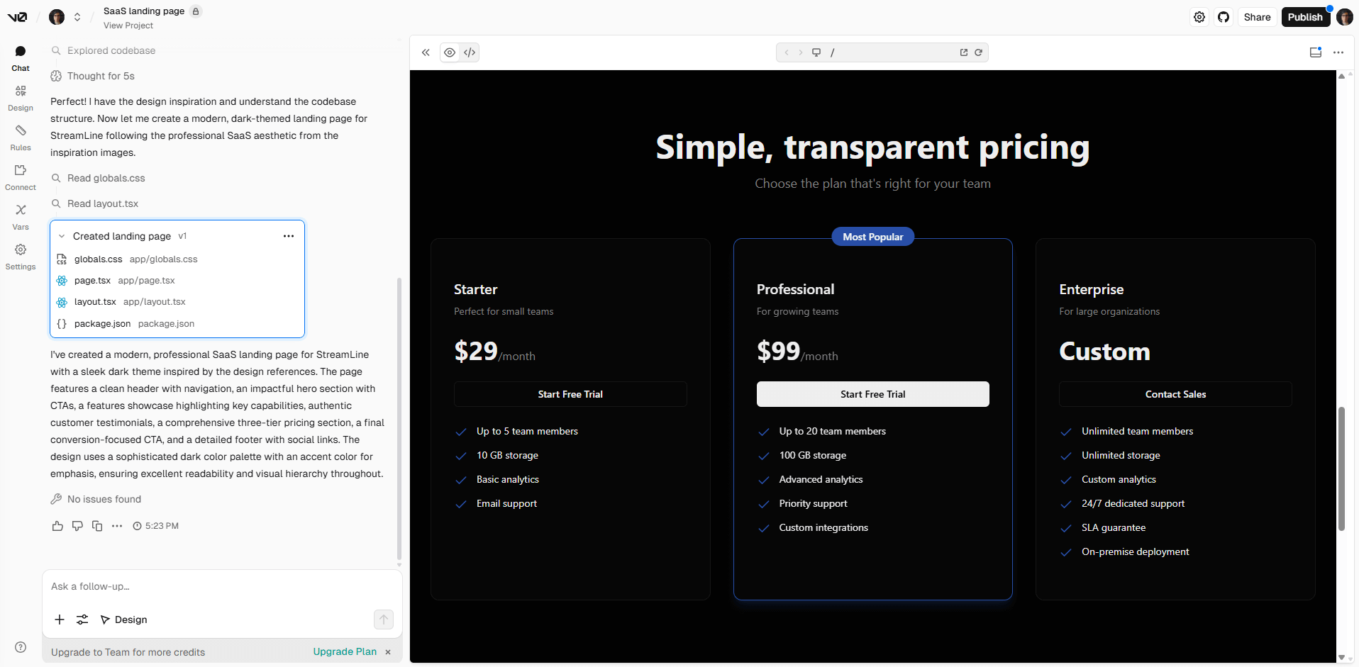 v0 generates a pricing section on the landing page it created with a single prompt.