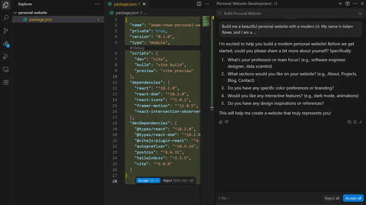 Creating a personal website with Windsurf. Source: Tech.co Testing