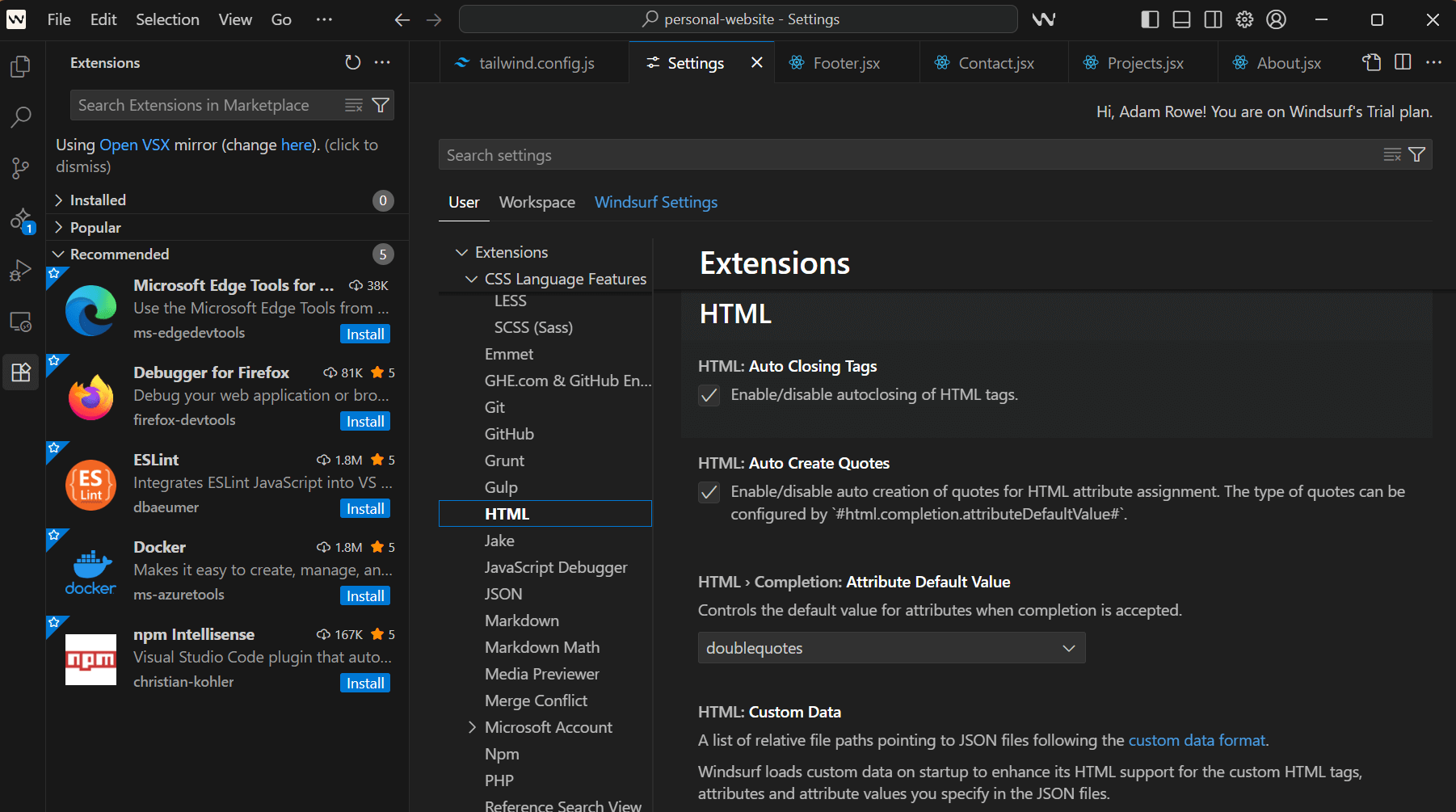 Exploring Windsurf's settings page.