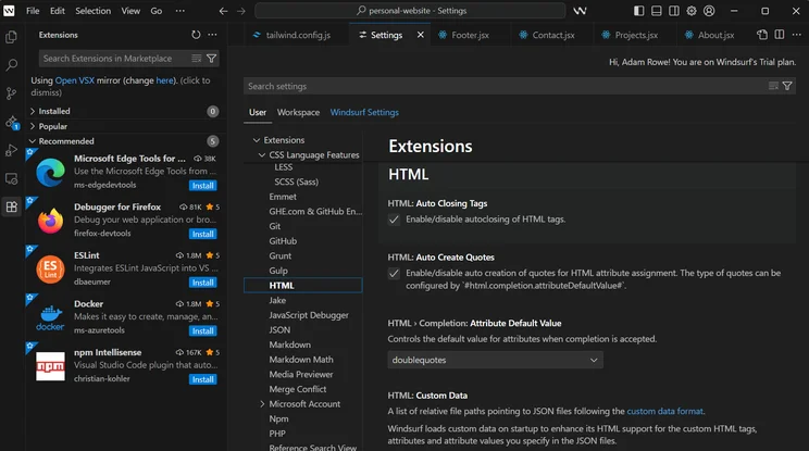 Exploring Windsurf's extensions and settings. Source: Tech.co Testing