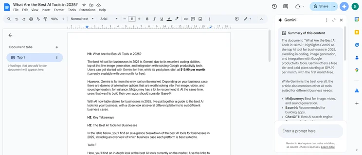 Using Gemini to summarize content in Google Docs. Source: Tech.co testing