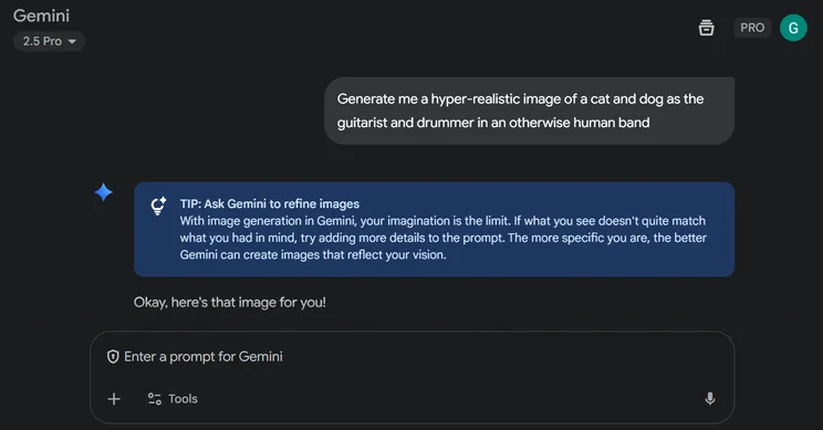 Prompting Gemini to produce an image. Source: Tech.co testing