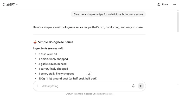 Bolognese ingredient list provided by ChatGPT. Source: Tech.co testing