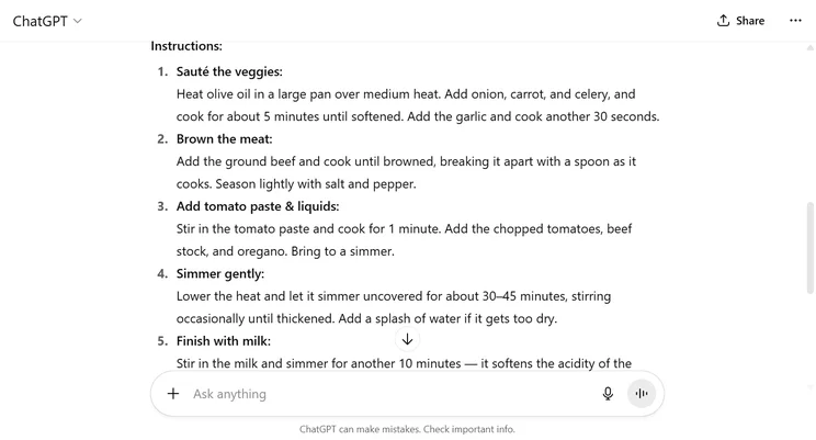 ChatGPT's additional pasta making tips. Source: Tech.co testing