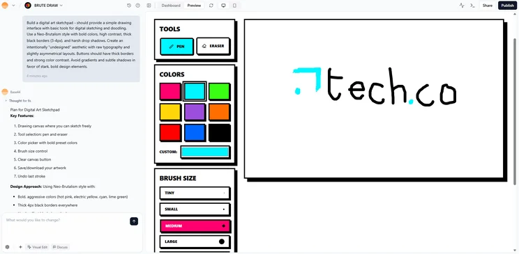 Creating a working sketchpad app with Base44. Source: Tech.co Testing