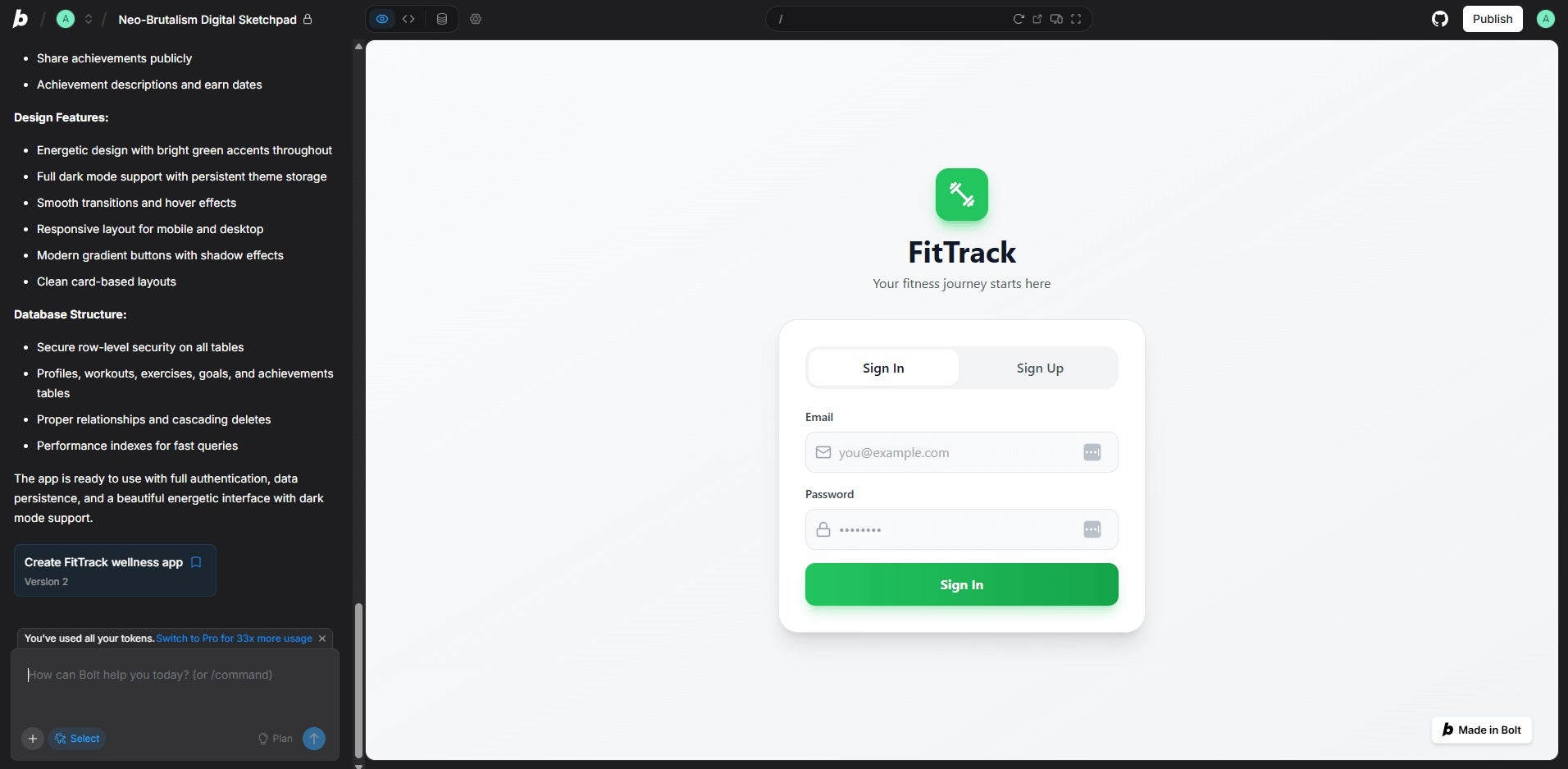 Fitness website Bolt.new
