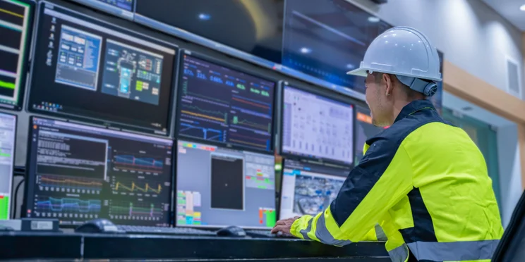 Individual at computer screen with hardhat on
