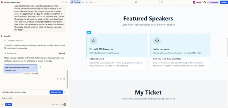 Giving Lovable instructions on how to improve my app. Source: Tech.co testing