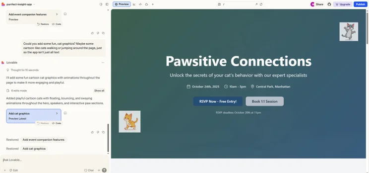 Asking lovable to add some cat graphics to my new app - with mixed success. Source: Tech.co testing