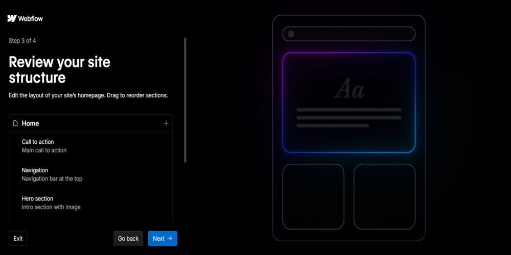 Screenshot of Webflow AI website builder in action. Source: Tech.co testing