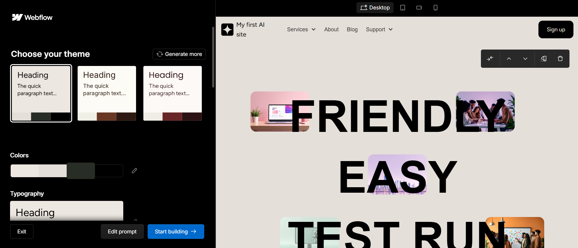 Screenshot of Webflow AI builder. Source: Tech.co testing
