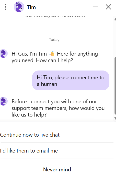 Screenshot of monday.com live chat support. Source: Tech.co testing