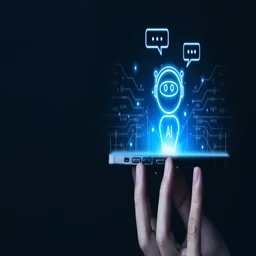 Hand holding phone with AI agent projected up