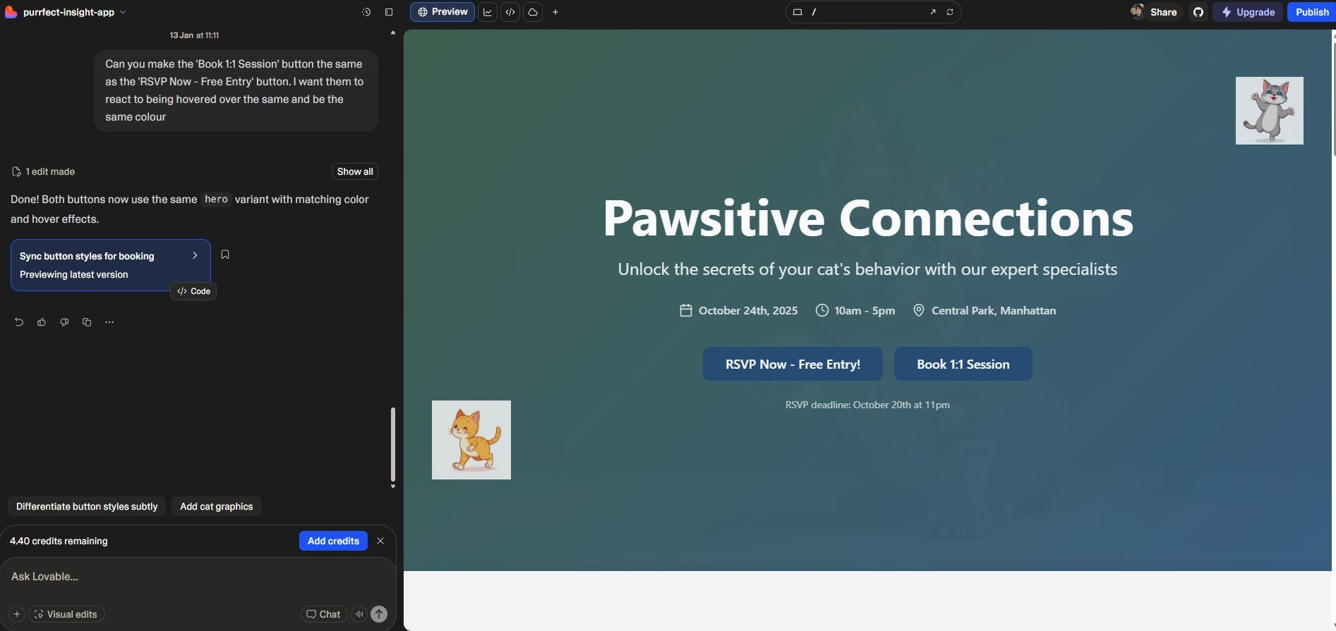 Lovable made the two buttons on my home screen the same after one request. Source: Tech.co testing